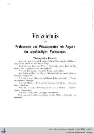 Verzeichnis der Professoren und Privatdocenten mit Angabe der angekündigten Vorlesungen.