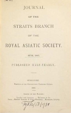 Journal of the Straits Branch of the Royal Asiatic Society. 11. 1883