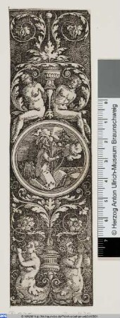 Hochfüllung mit Triton, Nereide und Rankenwerk, darin Medaillon mit dem Harfe spielenden David