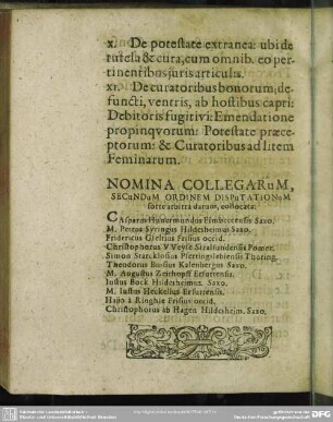 Nomina Collegarum, Secundum Ordinem Disputationum sorte arbitra datum, collocata
