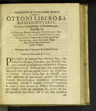 Prae-illustri & Generosissimo Domino Domino Ottoni Leibero Baron a Schvverin, ...