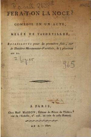 Fera-t'on la noce? : Comédie en un acte, mêlée de vaudevilles