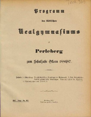 Programm des Städtischen Realgymnasiums zu Perleberg : zum Schuljahr .... 1886/87