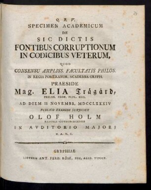 Specimen Academicum De Sic Dictis Fontibus Corruptionum In Codicibus Veterum