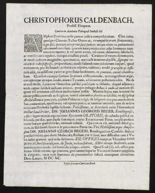 Christophorus Caldenbach, Profess. Eloquent. Ejusdem in Academia Tubingensi Studiosis Sal.