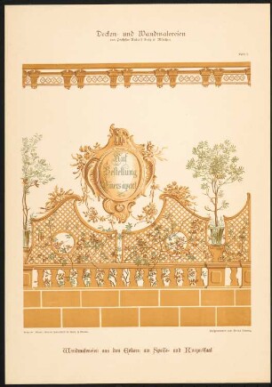 Decken- und Wandmalereien ausgeführt in der Deutsch-Nationalen Kunstgewerbe-Ausstellung München 1888 (Verlag Callwey, 17 Tafeln in Farbendruck, aufgenommen von Stefan Herweg, hrsg. von Friedrich Nauert): Tafel 7: Wandmalereien aus den Erkern am Speise- und Konzertsaal