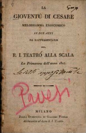 La gioventù di Cesare : Melodramma eroicomico in 2 atti
