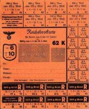 Lebensmittelmarken - Reichsbrotkarte 62 K für Kinder von 6 bis 10 Jahren