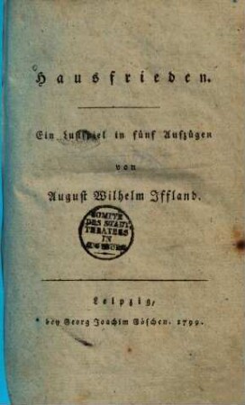 Hausfrieden : ein Lustspiel in fünf Aufzügen