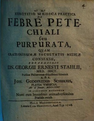 Exercitatio Medica Practica De Febre Petechiali seu Purpurata
