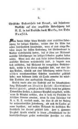 34-97 Christliche Bestandtheile des Korans, mit besonderer Rücksicht auf die angebliche Uebersetzung des N. T. in das Arabische durch Werka, den Sohn Nausils