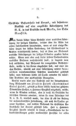 34-97 Christliche Bestandtheile des Korans, mit besonderer Rücksicht auf die angebliche Uebersetzung des N. T. in das Arabische durch Werka, den Sohn Nausils