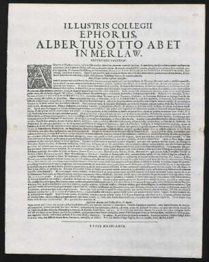 Illustris Collegii Ephorus, Albertus Otto Ab Et In Merlaw. Lectoribus Salutem!