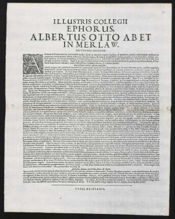 Illustris Collegii Ephorus, Albertus Otto Ab Et In Merlaw. Lectoribus Salutem!