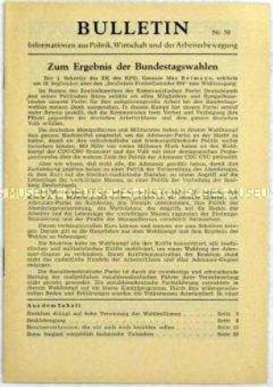 Illegales Informationsblatt der KPD "Bulletin" u.a. zu dem Ergebnis der Bundestagswahl 1957