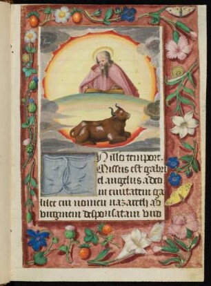 Vollbordürenseite mit Miniatur (Lukas mit Stier), Grisailleinitiale I und Streumusterbordüre