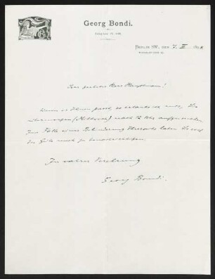 Brief von Georg Bondi an Gerhart Hauptmann