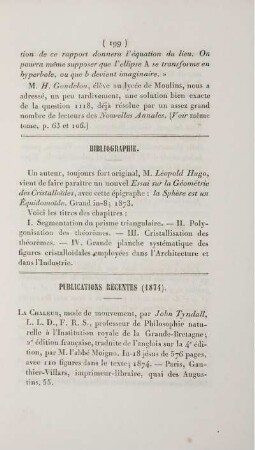 Publications récentes (1874).