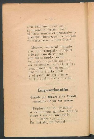 Improvisación : Cantada por Moreira á su Vicenta cuando la vió por vez primera