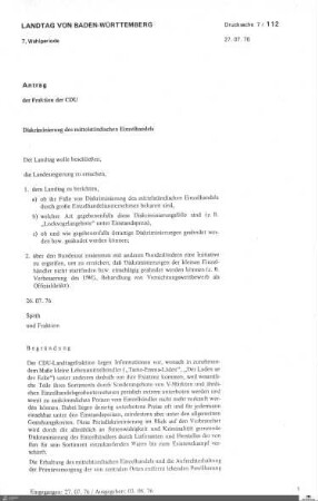 Antrag der CDU zur Diskriminierung des mittelständischen EInzelhandels