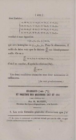 Invariants ... et solution des questions 387 et 412.