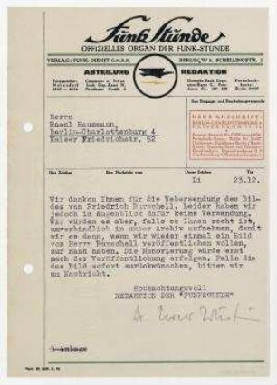 Brief der Funk-Stunde-AG Redaktion an Raoul Hausmann. Berlin