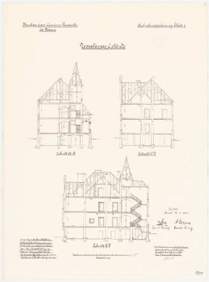 Garnisonslazarett, Worms: Verwaltungsgebäude: Längsschnitt, Querschnitt 1:100