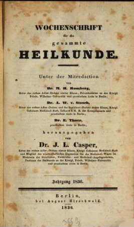 Wochenschrift für die gesammte Heilkunde, 1836