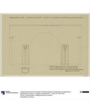 Darmstadt, Dreihäusergruppe, Predigerhaus, Erdgeschoss, Speisezimmer, Raum 31, Aufriss der Südwand und Grundriss eines Zierschrankes