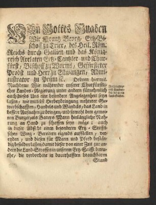 Von Gottes Gnaden Wir Frantz Georg, Ertz-Bischoff zu Trier ...