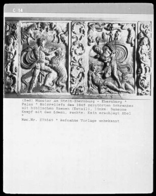 Links: Samsons Kampf mit dem Löwen; rechts: Kain erschlägt Abel