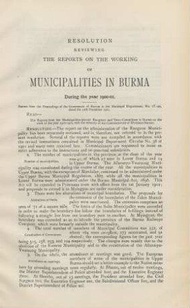 Resolution reviewing the reports on the working of municipalities in Burma during the year 1900-01