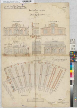 Locomotivschuppen für den Bahnhof Essen der Bergisch-Märkischen Eisenbahn-Gesellschaft, Blatt 1: Grundriß, Ansichten, Schnitt, M. 1:100 Hgl, Sknr.: 1, Fanr.: 10, Bunr.: 1