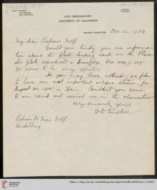 Briefe von William Wallace Campbell an Max Wolf: Brief von William Wallace Campbell an Max Wolf