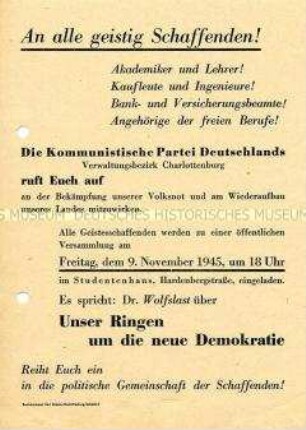 Einladung der KPD Berlin-Charlottenburger an alle Geistesschaffenden zu einer öffentlichen Versammlung