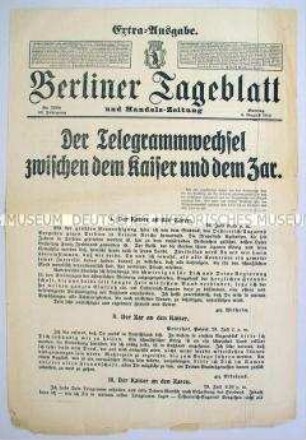 Extra-Blatt des "Berliner Tageblatt" zu den letzten diplomatischen Bemühungen um die Abwendung des Krieges mit Russland
