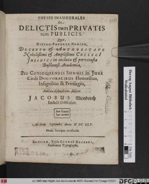Theses Inaugurales De Delictis tum Privatis tum Publicis