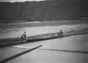 Flößer auf Baumstämmen am Ufer der Donau