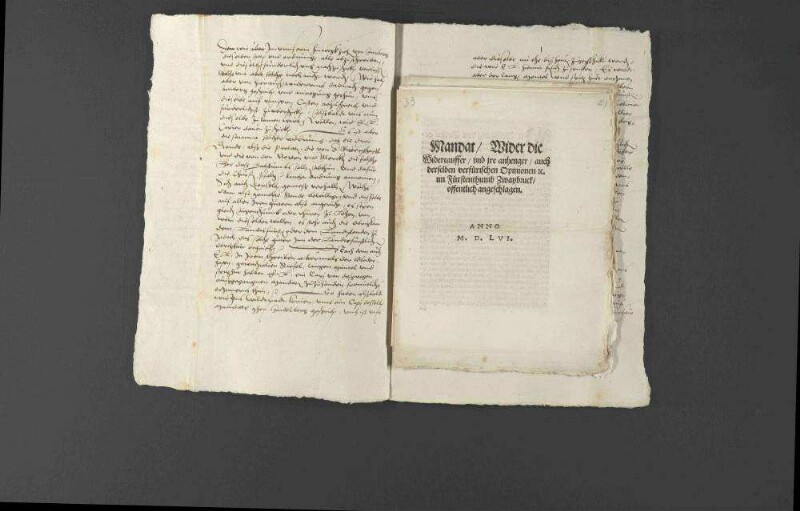 Herzog Christoph von Württemberg und Pfalzgraf Wolfgang übermitteln einander Kirchenordnungen, Mandate gegen Gotteslästerer und Wiedertäufer, auch Abstellung der unflätigen Pluderhosen und gewachster Stiefel, dazu erbittet der Pfalzgraf auch noch die württembergische Kanzleiordnung, auch den Staat des Marschalls, Haushofmeisters und anderer Hofdiener.