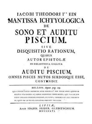 Iacobi Theodori Klein Mantissa Ichthyologica De Sono Et Auditu Piscium