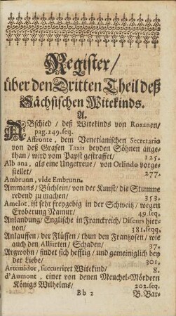Register/ über den Dritten Theil deß Sächsischen Witekinds.