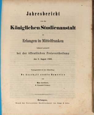 Jahresbericht über die Königliche Studienanstalt zu Erlangen : für das Studienjahr .... 1861/62
