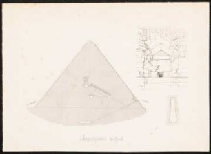 Cheops-Pyramide, Gizeh: wie Inv.Nr. 44837,2: Querschnitt mit roter Einzeichnung der Konstruktion des unteren Grabgemachs, perspektivische Ansicht Türsturz, Gangquerschnitt