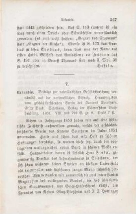567-573 [Rezension] Urkundio. Beiträge zur vaterländischen Geschichtsforschung vornämlich aus der nordwestlichen Schweiz ; 1.1857