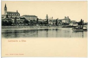 Leitmeritz. Blick über die Elbe mit Dampfer "Pirna" zum Burgberg mit Dom