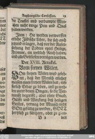 Der XVIII. Artickel. Vom freyen Willen.