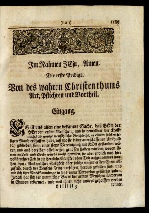 Die erste Predigt. Von des wahren Christenthums Art, Pflichten und Vortheil