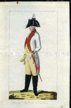 Uniformdarstellung, Generalstabs-Offizier der Kavallerie, Königreich Preußen, 1789, Tafel 6 aus: Horvath: Preussische Armee-Uniformen unter der Regierung Friedrich Wilhelm II.