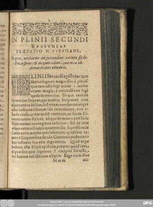 In Plinii Secundi Epistolas Praefatio H. Stephani ...
