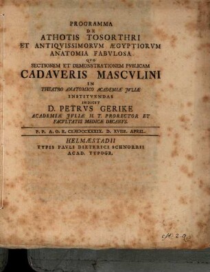 Programma de Athotis, Tosorthri, et antiquissimorum Aegyptiorum anatomia fabulosa